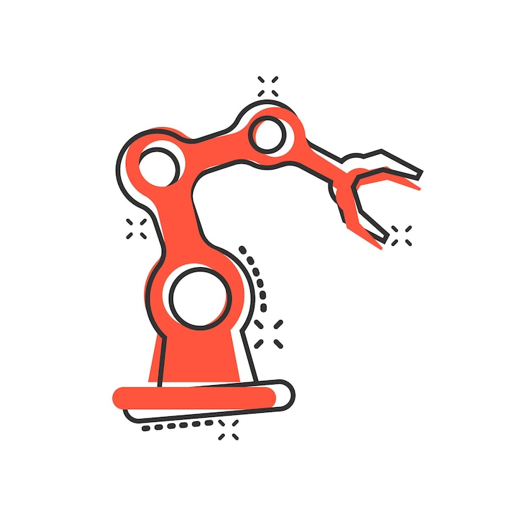 Vector icono de brazo de robot en estilo cómic ilustración de vector de dibujos animados de manipulador mecánico sobre fondo blanco aislado concepto de negocio de efecto de salpicadura de máquina