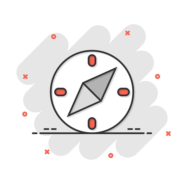 Icono de brújula en estilo cómic Ilustración de vector de dibujos animados de equipo de navegación sobre fondo blanco aislado Concepto de negocio de efecto de salpicadura de dirección de viaje