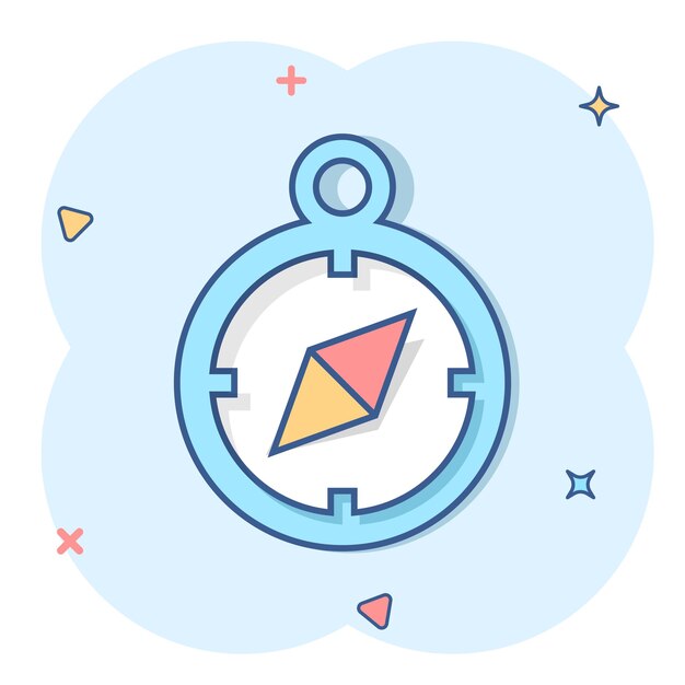 Icono de brújula en estilo cómic Ilustración de vector de dibujos animados de equipo de navegación sobre fondo blanco aislado Concepto de negocio de efecto de salpicadura de dirección de viaje