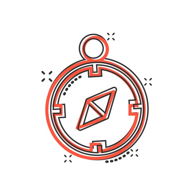Icono de brújula en estilo cómic Ilustración de vector de dibujos animados de equipo de navegación sobre fondo blanco aislado Concepto de negocio de efecto de salpicadura de dirección de viaje