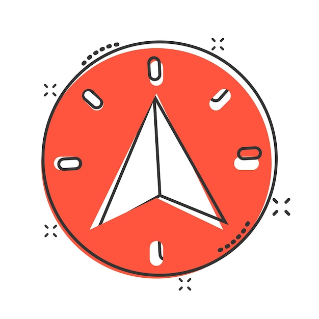 Icono de brújula en estilo cómic Ilustración de vector de dibujos animados de equipo de navegación sobre fondo blanco aislado Concepto de negocio de efecto de salpicadura de dirección de viaje