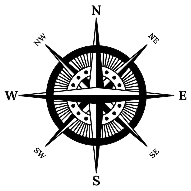 Icono de brújula retro dibujado a mano, rosa de viento, antiguo elemento de diseño vectorial para tema marino o heráldica