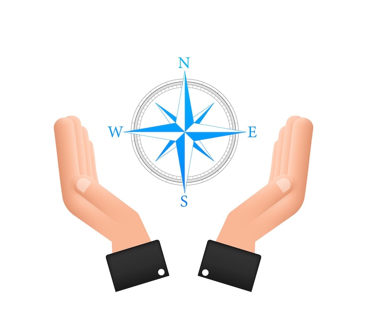 Vector icono de brújula sobre manos sobre fondo blanco símbolo de navegación de vector plano