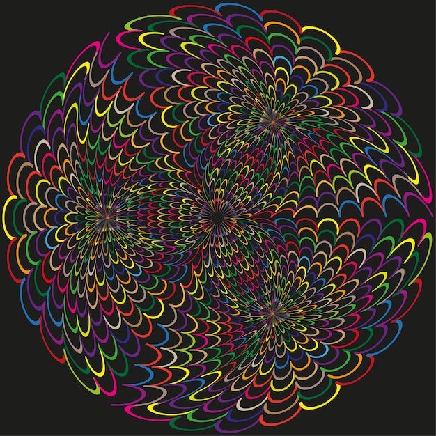 Icono de bucle en espiral Vector de curva vibrante Forma de remolino de arco iris Simetría de fondo negro