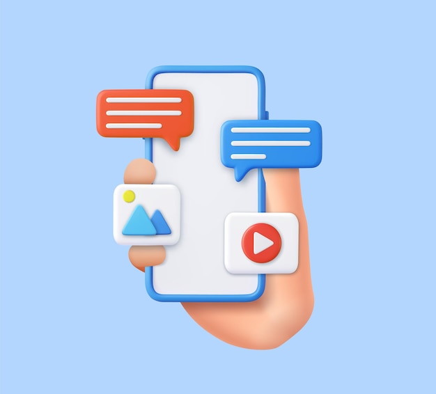Icono de burbuja de habla 3D con video y galería de fotos