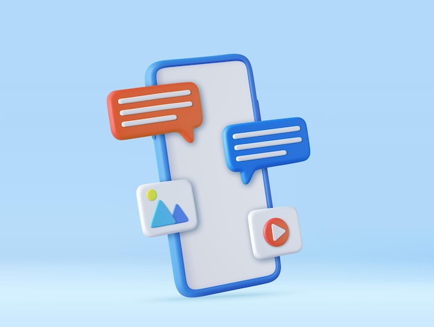 Icono de burbuja de voz 3D con galería de vídeos y fotos en el teléfono móvil Concepto de aplicaciones de comunicación social en línea Representación 3D Ilustración vectorial
