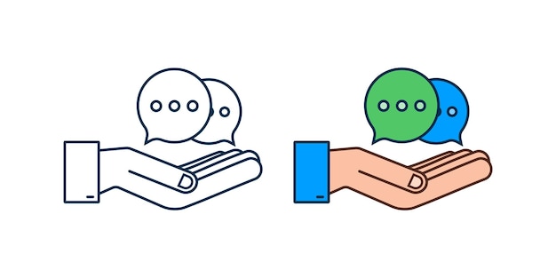 Icono de burbujas de mensaje de chat colgando sobre las manos sobre fondo blanco. Ilustración de stock vectorial.