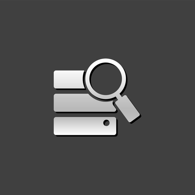 Vector icono de búsqueda de base de datos en estilo de color gris metálico disco duro servidor centro de datos