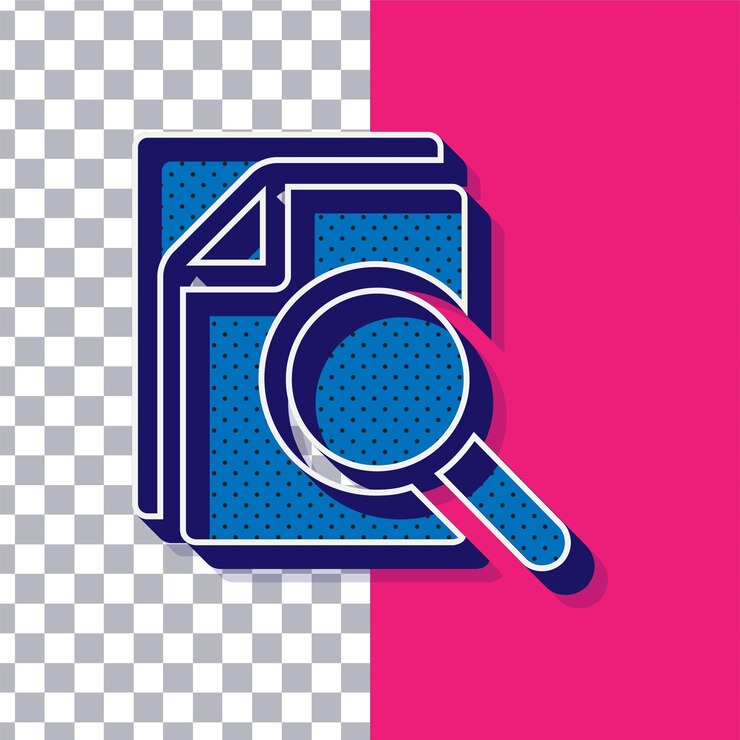 Vector icono de búsqueda de documentos de puntos azules retro 3d en un fondo rosado ajustable