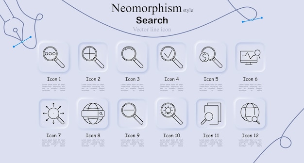 Icono de búsqueda establecido en estilo de neomorfismo Magnificación de vidrio motor de búsqueda búsqueda global exploración de internet búsqueda digital búsqueda vectorial línea arte descubrimiento análisis símbolos