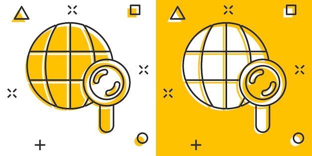 Icono de búsqueda de globo en estilo cómico Ilustración vectorial de dibujos animados de navegación de red en fondo blanco aislado Geografía global Lúpula efecto salpicadura Concepto de negocio