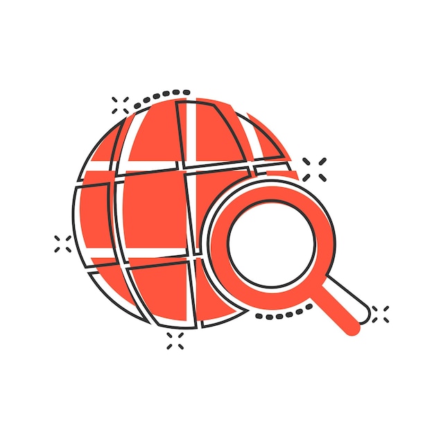 Icono de búsqueda de globo en estilo cómico Ilustración vectorial de dibujos animados de navegación de red en fondo blanco aislado Geografía global Lúpula efecto salpicadura Concepto de negocio