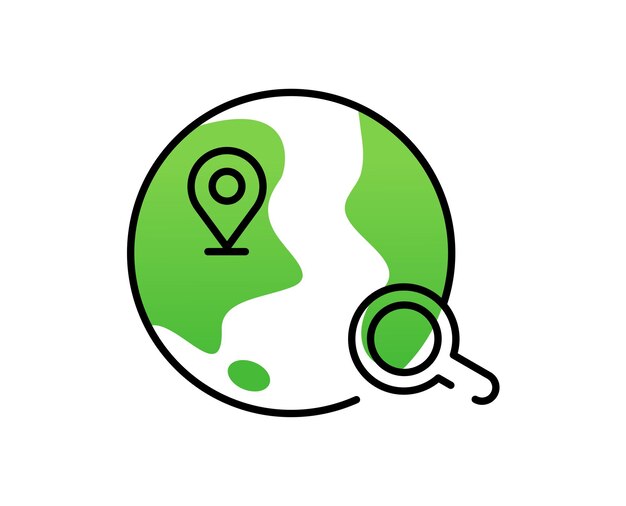 Icono de búsqueda de ubicación en Internet con arte de línea con lupa de tierra marcador de ubicación con verde