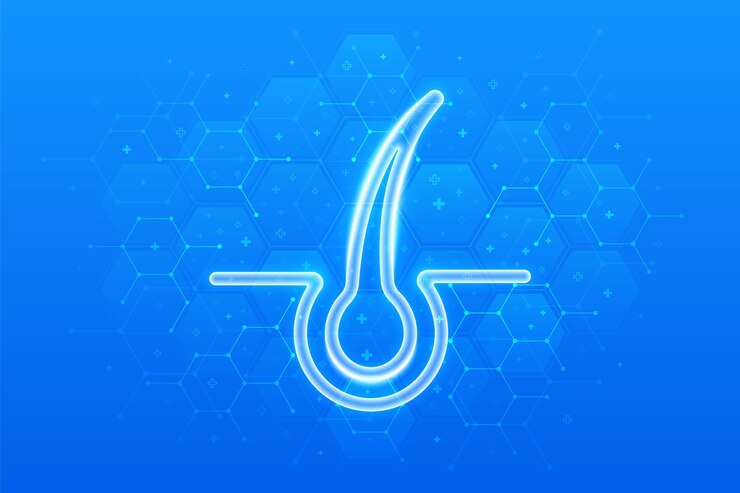Vector icono del cabello terapia dermatológica para la epidermis atención al crecimiento de la pérdida de cabello eliminación del trasplante tratamiento del folículo capilar trichología estructura molecular fondo médico azul con hexágonos vector