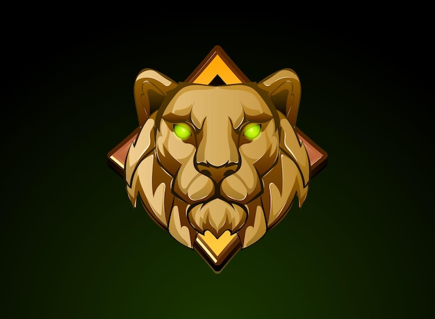icono de cabeza de león con insignia y ojos verdes dorado icono de juego 3D estilo fantasía