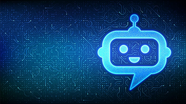 Icono de cabeza de robot chatbot Signo de aplicación de asistente de chatbot Fondo de tecnología de IA Mensaje de burbuja de voz Nube de diálogo Patrón de placa de circuito Textura de circuito impreso de PCB Ilustración vectorial