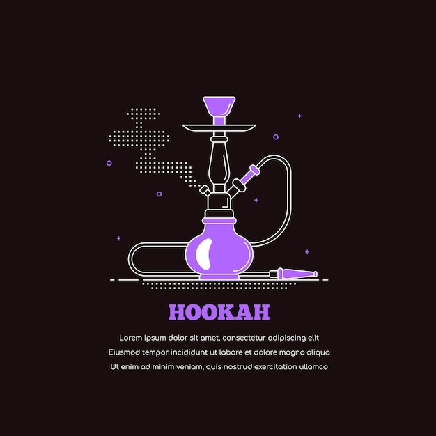 Icono de cachimba aislado sobre fondo negro. Banner de concepto de shisha de fumar. Ilustración de arte de línea de estilo plano para bar lounge y menú de cachimba