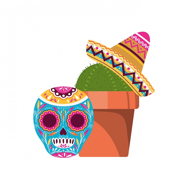 Icono de cactus y calavera con sombrero mexicano.