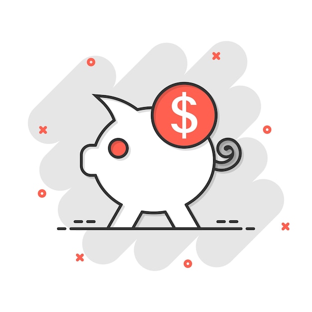 Icono de caja de dinero en estilo cómic Ilustración de vector de dibujos animados de contenedor de cerdo sobre fondo blanco aislado Concepto de negocio de efecto de salpicadura de hucha