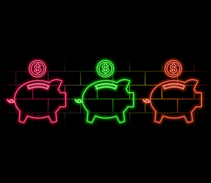 Vector icono de caja de dinero de neón con contorno banco de ahorros de neón brillante con signo de dólar pictograma caja de ahorros del banco de ahorros inversión y ahorro de dinero capital financiero e inversión símbolo de conjunto de iconos vectoriales para la interfaz de usuario