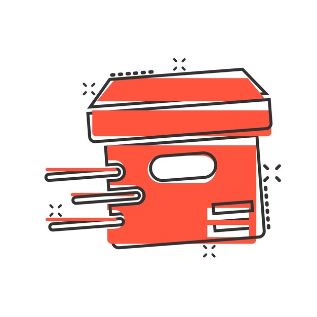 Icono de caja de envío en estilo cómic Ilustración de vector de dibujos animados de contenedor sobre fondo blanco aislado Concepto de negocio de efecto de salpicadura de paquete de cartón