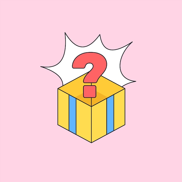 Ícono de caja misteriosa signo de interrogación dentro de la caja de regalo para el próximo producto raro tienda en línea marketing en redes sociales