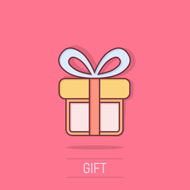 Icono de caja de regalo en estilo cómico Ilustración de dibujos animados de vector de paquete actual sobre fondo aislado Efecto de salpicadura de concepto de negocio sorpresa