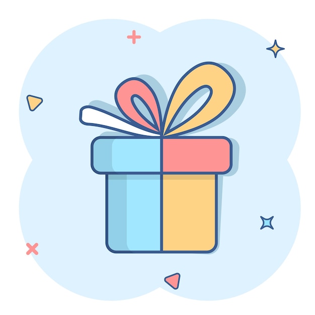 Icono de caja de regalo en estilo cómico Ilustración de dibujos animados de vector de paquete actual sobre fondo blanco aislado Efecto de salpicadura de concepto de negocio sorpresa