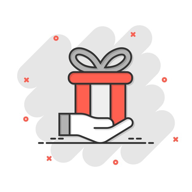 Icono de caja de regalo en estilo cómico Presente a mano ilustración vectorial de dibujos animados sobre fondo blanco aislado Concepto de negocio de efecto de salpicadura sorpresa