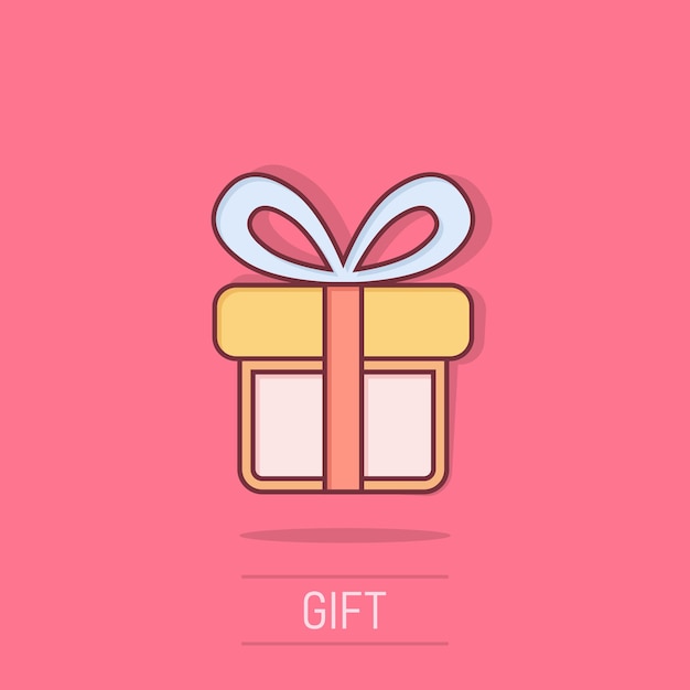 Icono de caja de regalos en estilo cómic Ilustración de dibujos animados vectoriales del paquete presente en un fondo aislado Efecto de salpicaduras de concepto de negocio sorpresa