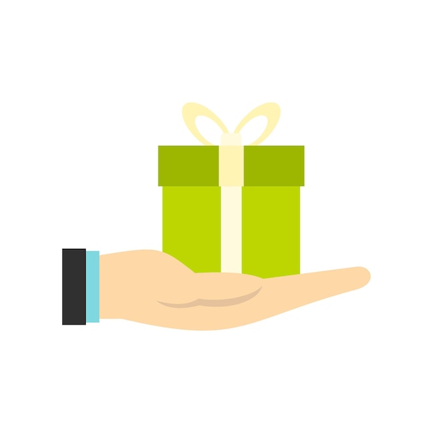 Icono de caja de regalos en la mano en estilo plano aislado en ilustración vectorial de fondo blanco