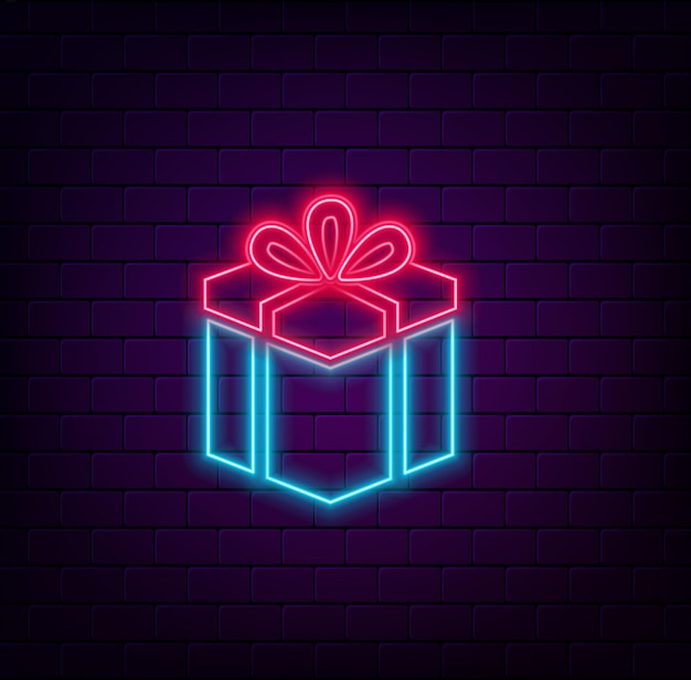 Icono de caja de regalos de neón brillante aislado en fondo azul Feliz Navidad y Feliz Año Nuevo Vector