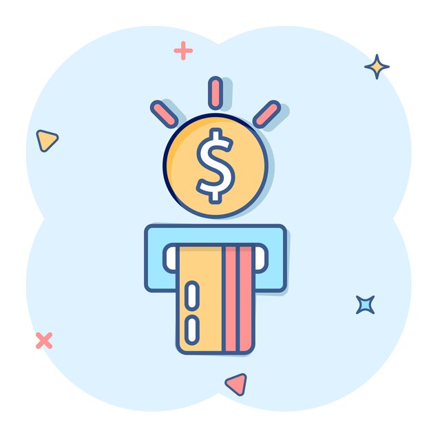 Icono de cajero automático de dinero en estilo cómic Ilustración de vector de dibujos animados de efectivo de intercambio sobre fondo blanco aislado Concepto de negocio de efecto de salpicadura de billete de banco
