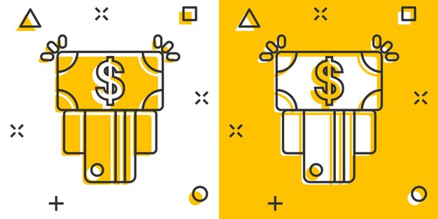 Icono de cajero automático de dinero en estilo cómic ilustración de vector de dibujos animados de efectivo de intercambio sobre fondo blanco aislado concepto de negocio de efecto de salpicadura de billete de banco
