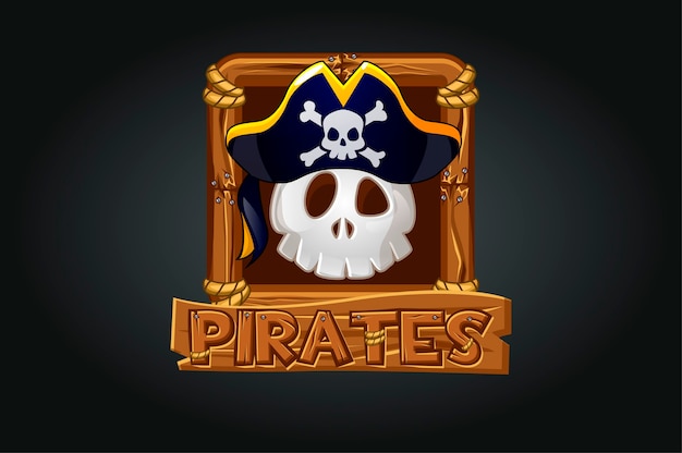 Icono de calavera pirata en el marco del juego. cráneo aterrador en un sombrero sobre un fondo gris en un marco de madera.