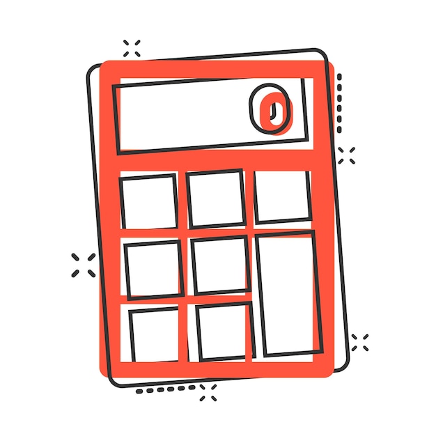 Icono de calculadora en estilo cómico Calcular ilustración de vector de dibujos animados sobre fondo blanco aislado Concepto de negocio de efecto de salpicadura de cálculo