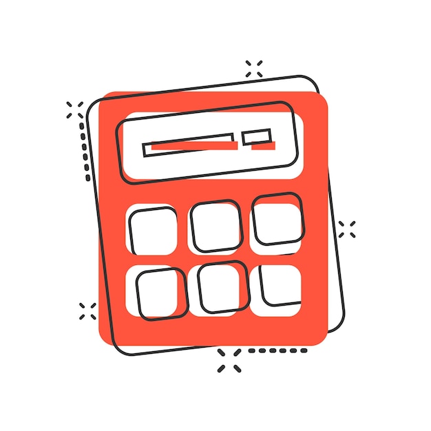 Icono de calculadora en estilo cómico Calcular ilustración de vector de dibujos animados sobre fondo blanco aislado Concepto de negocio de efecto de salpicadura de cálculo