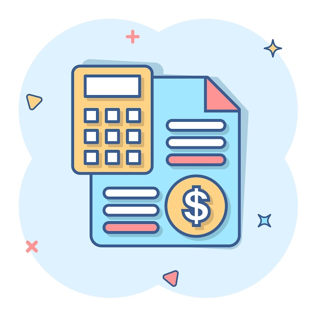 Icono de cálculo de dinero en estilo cómico Ilustración de dibujos animados de vector de banca de presupuesto sobre fondo blanco aislado Concepto de negocio de efecto de salpicadura de pago financiero