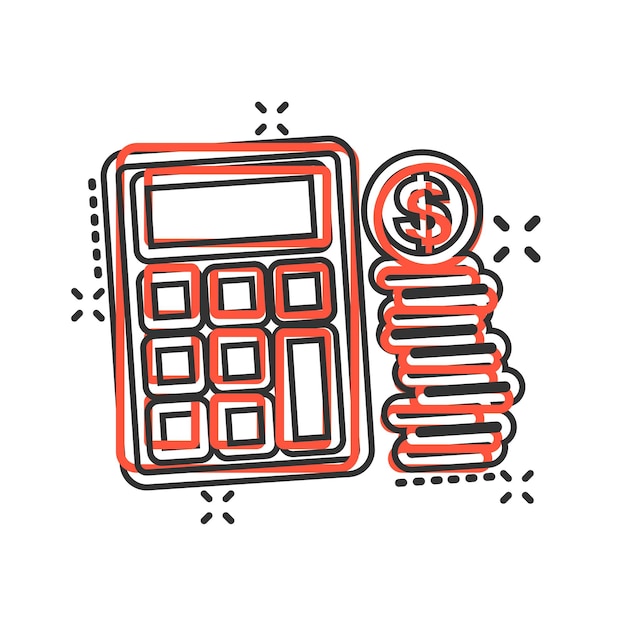 Icono de cálculo de dinero en estilo cómico Ilustración de dibujos animados de vector de banca de presupuesto sobre fondo blanco aislado Concepto de negocio de efecto de salpicadura de pago financiero