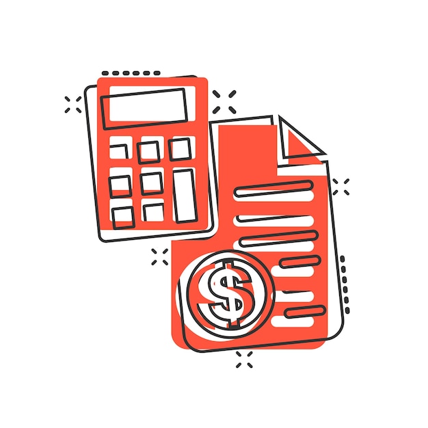 Icono de cálculo de dinero en estilo cómico Ilustración de dibujos animados de vector de banca de presupuesto sobre fondo blanco aislado Concepto de negocio de efecto de salpicadura de pago financiero