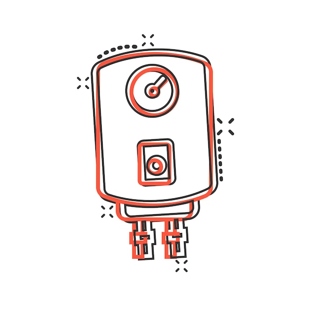Icono de caldera de gas en estilo cómic Ilustración de vector de dibujos animados de calentador sobre fondo aislado Concepto de negocio de signo de efecto de salpicadura hirviendo