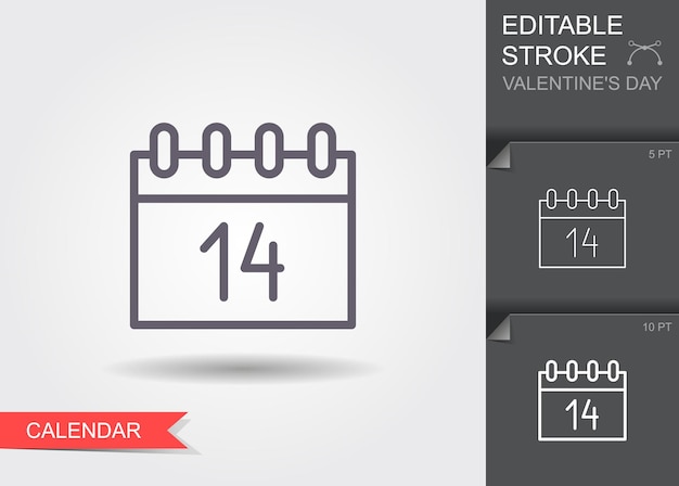 Icono de calendario 14 de febrero Día de San Valentín Icono de línea con trazo editable con sombra