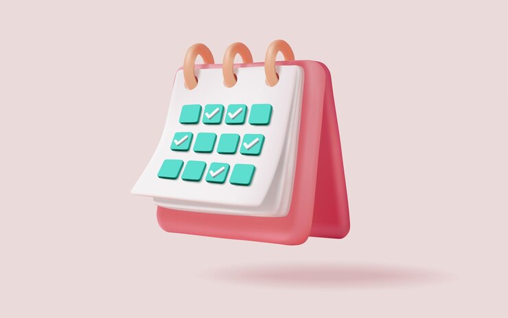 Vector icono de calendario 3d con marca verde correcta asignación de calendario tiempo para la reunión recordatorio planificación de negocios cita programa de eventos de vacaciones nota de fecha concepto de planificación ilustración vectorial 3d