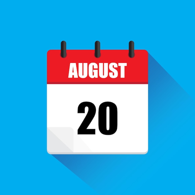 Icono del calendario de agosto Fecha número veinte Diseño rojo y blanco Sombra de fondo azul