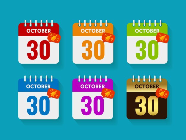 Icono de calendario día 30 de octubre vector fondo transparente varios colores