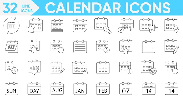 Icono de calendario establecido mes de calendario semana que contiene fecha horario cita organización evento agenda organización y más conjunto de vectores e ilustradores