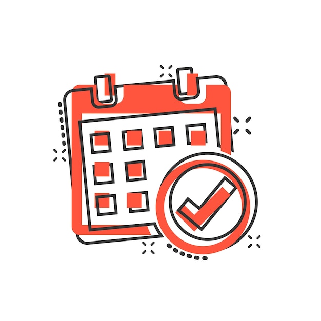 Icono de calendario en estilo cómico Ilustración de vector de dibujos animados de agenda sobre fondo blanco aislado Concepto de negocio de efecto de salpicadura de planificador de horarios