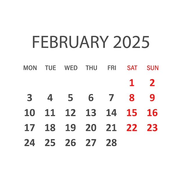 Icono del calendario de febrero de 2025 en estilo plano Ilustración vectorial del planificador en un fondo aislado Concepto de negocio del letrero del calendario