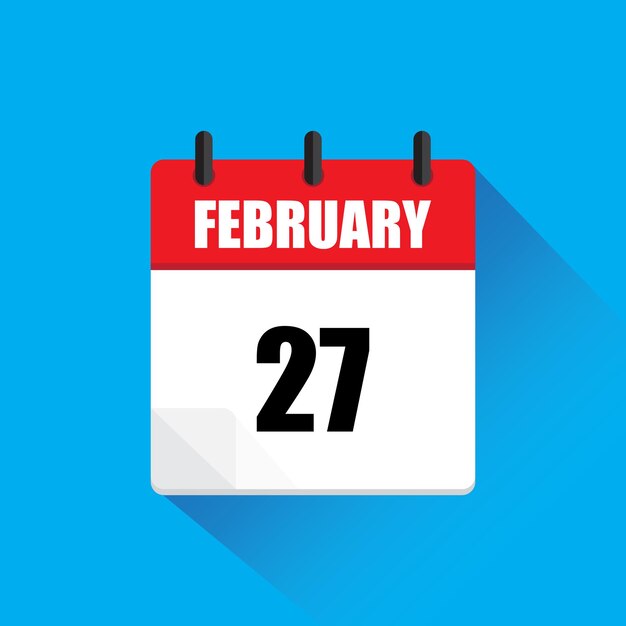 Ícono de calendario de febrero Vector de fecha 27 Fecha veintisiete Sombra de diseño plano