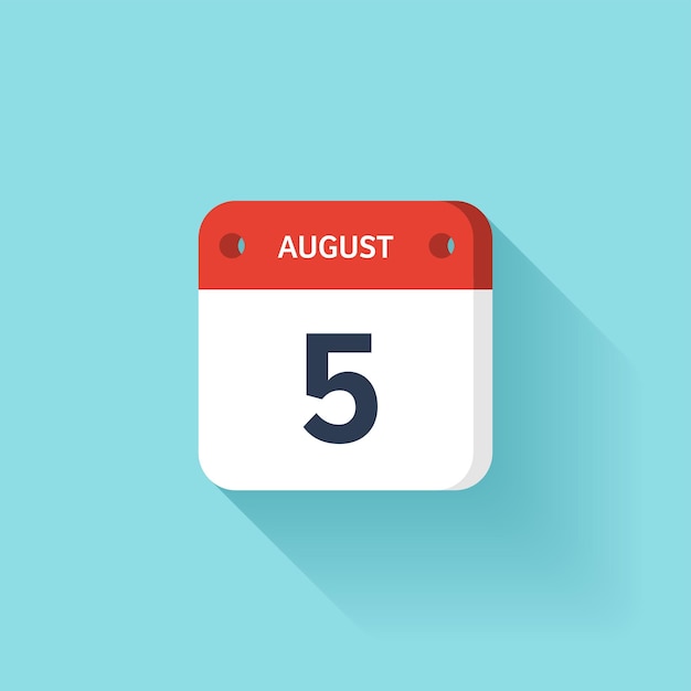 Icono de calendario isométrico de agosto con ilustración vectorial de sombra de estilo plano mes y fecha domingo